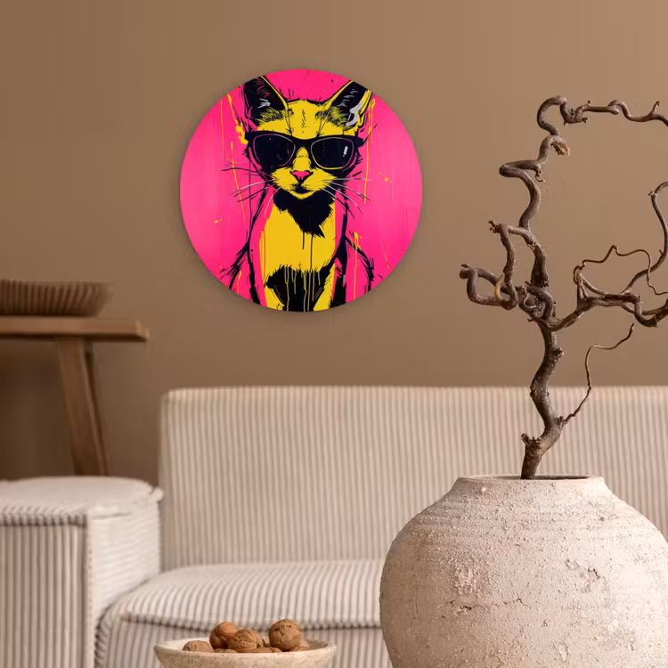 Kat - Art - Zonnebril - Roze Wandcirkel kunststof plaat 5mm dik klein -sfeer1