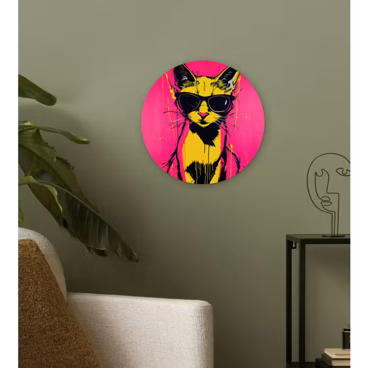 Kat - Art - Zonnebril - Roze Wandcirkel kunststof plaat 5mm dik klein -sfeer3