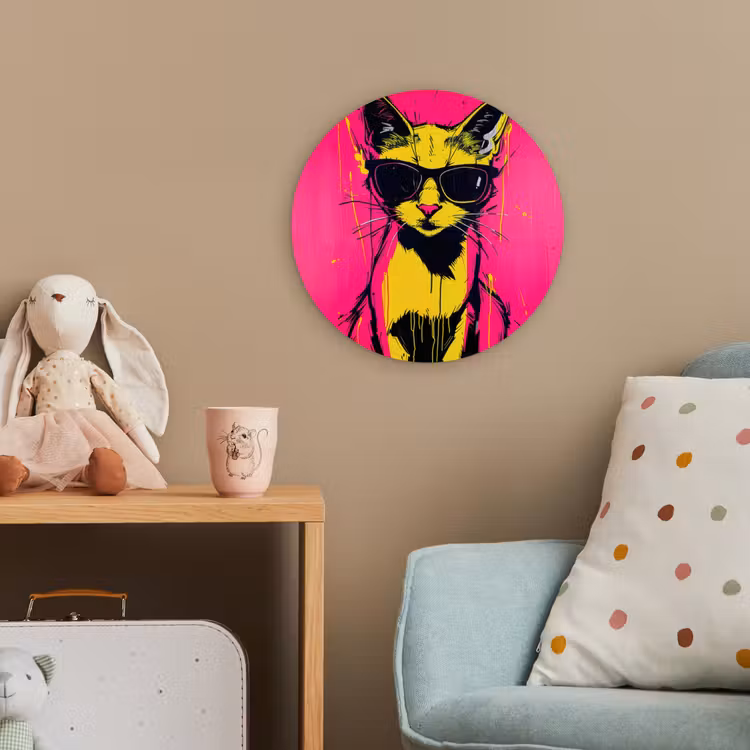 Kat - Art - Zonnebril - Roze Wandcirkel kunststof plaat 5mm dik klein -tsfeer1_kind