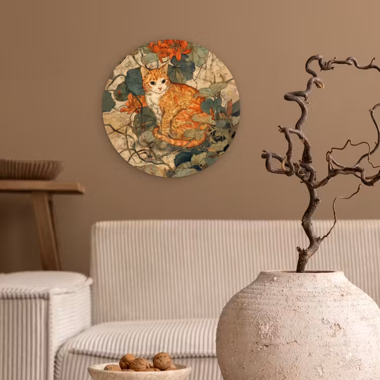 Kat - Sierlijk - Bloemen Wandcirkel kunststof plaat 5mm dik klein -sfeer1