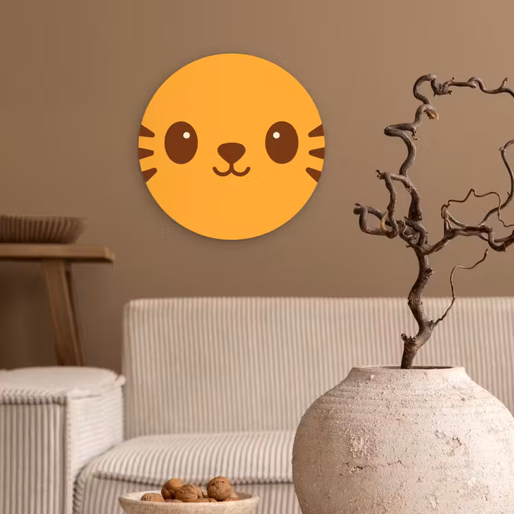 Kat - Simplistisch - Oranje - Vrolijk Wandcirkel kunststof plaat 5mm dik klein -sfeer1