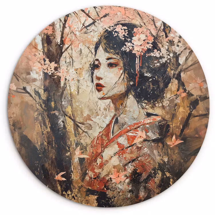 Kimono - Vrouw - kersenbomen Wandcirkel kunststof plaat 5mm dik klein -3d