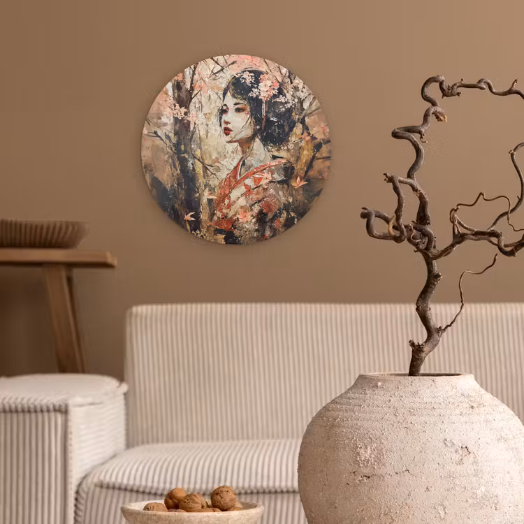 Kimono - Vrouw - kersenbomen Wandcirkel kunststof plaat 5mm dik klein -sfeer1