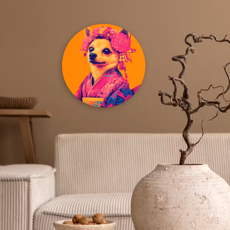 Kimono - Hondje - Bloemenkroon - Oranje Wandcirkel kunststof plaat 5mm dik klein -sfeer1