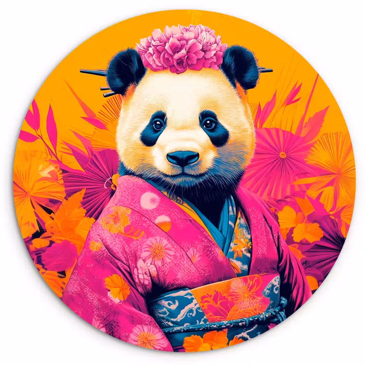 Kimono - Roze - Panda - Bloemenkroon Wandcirkel kunststof plaat 5mm dik klein -3d
