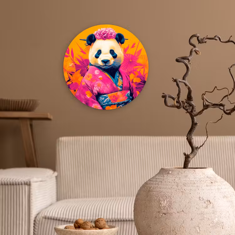 Kimono - Roze - Panda - Bloemenkroon Wandcirkel kunststof plaat 5mm dik klein -sfeer1