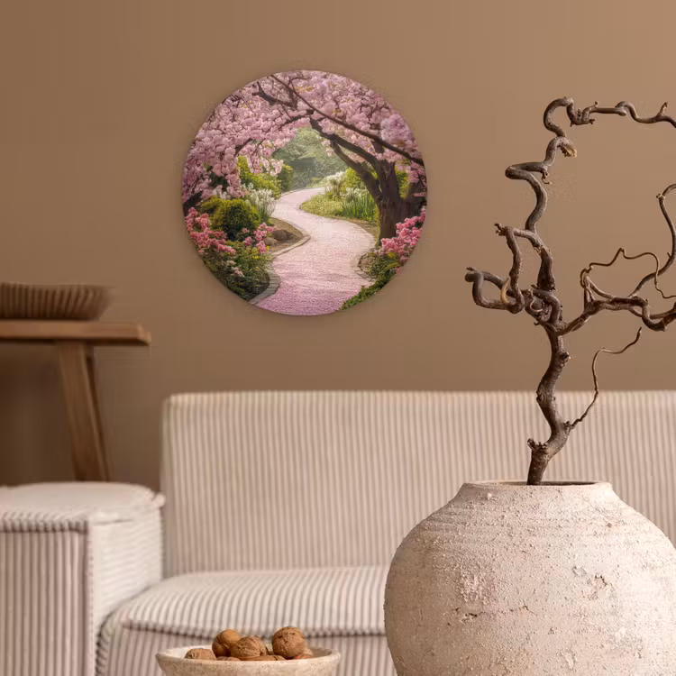 Kersenbloesem - Natuur - Sakura - Pad - Japanse tuin Wandcirkel kunststof plaat 5mm dik klein -sfeer1