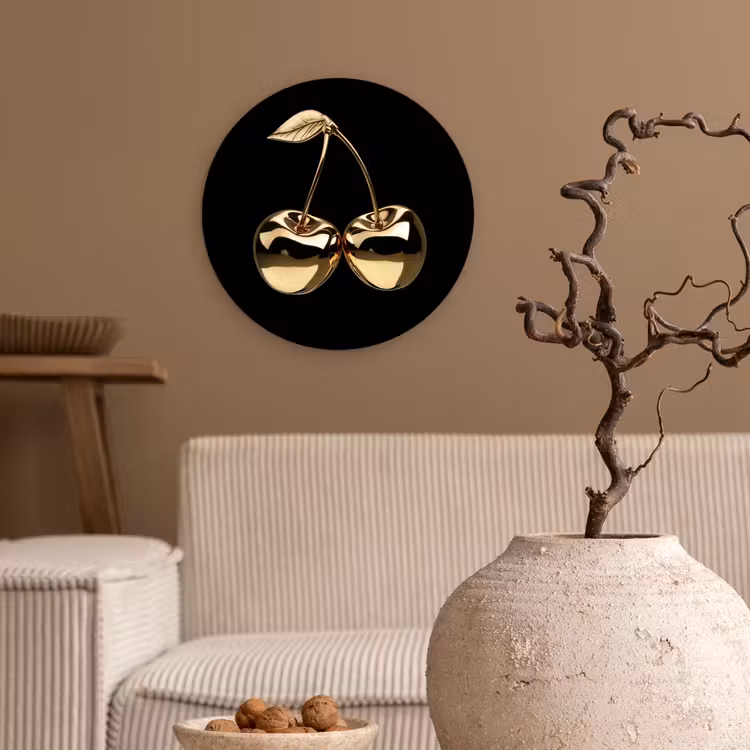 Kersen - Zwart - Goud - Chrome Wandcirkel kunststof plaat 5mm dik klein -sfeer1