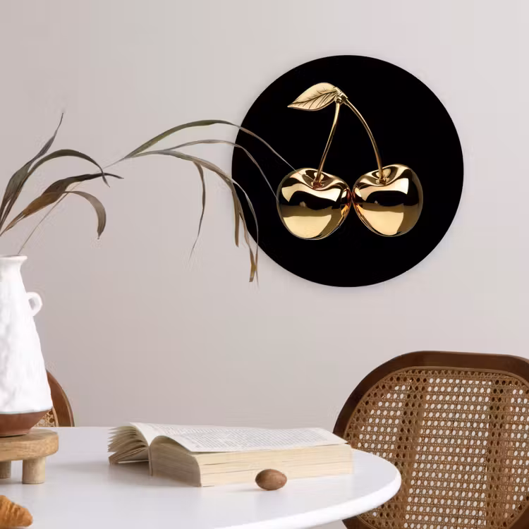 Kersen - Zwart - Goud - Chrome Wandcirkel kunststof plaat 5mm dik klein -sfeer4