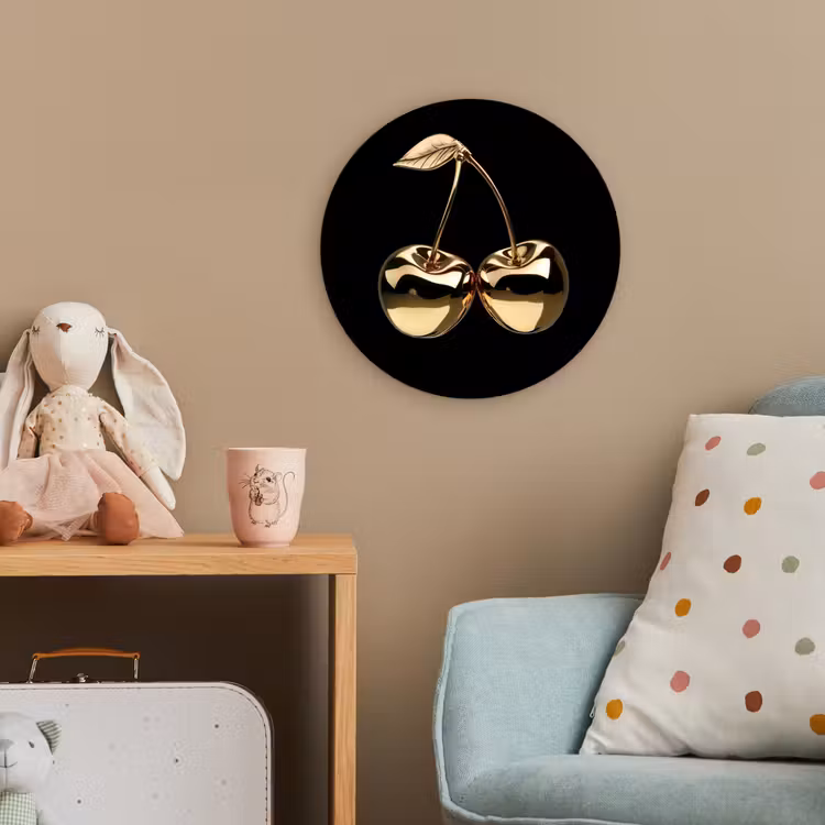 Kersen - Zwart - Goud - Chrome Wandcirkel kunststof plaat 5mm dik klein -tsfeer1_kind