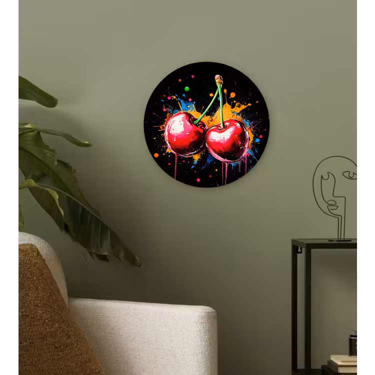 Kersen - Fruit - Graffiti - Verf - Abstract - Modern - Kleurrijk Wandcirkel kunststof plaat 5mm dik klein -sfeer3