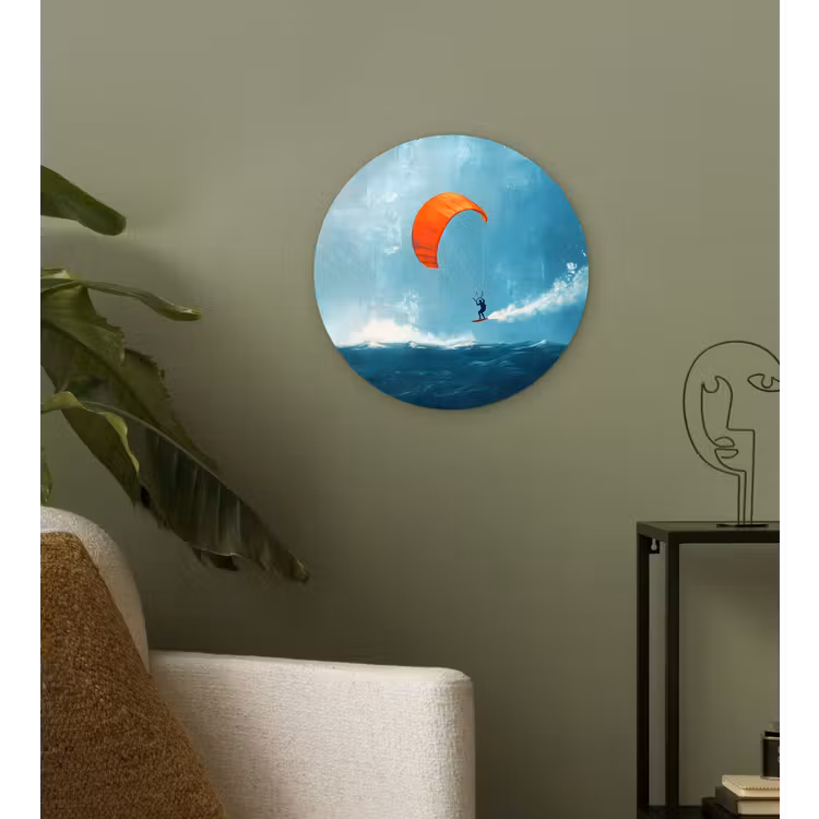 Kitesurfer - Oranje - Zee - Lucht Wandcirkel kunststof plaat 5mm dik klein -sfeer3