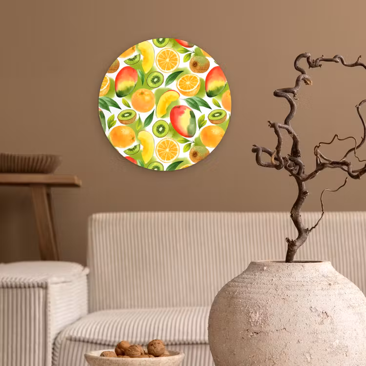 Kiwi - Sinasappel - Mango - Perzik Wandcirkel kunststof plaat 5mm dik klein 188 -sfeer1