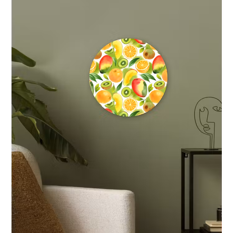 Kiwi - Sinasappel - Mango - Perzik Wandcirkel kunststof plaat 5mm dik klein 188 -sfeer3