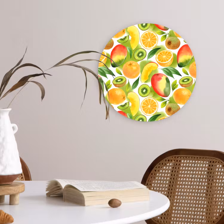 Kiwi - Sinasappel - Mango - Perzik Wandcirkel kunststof plaat 5mm dik klein 188 -sfeer4