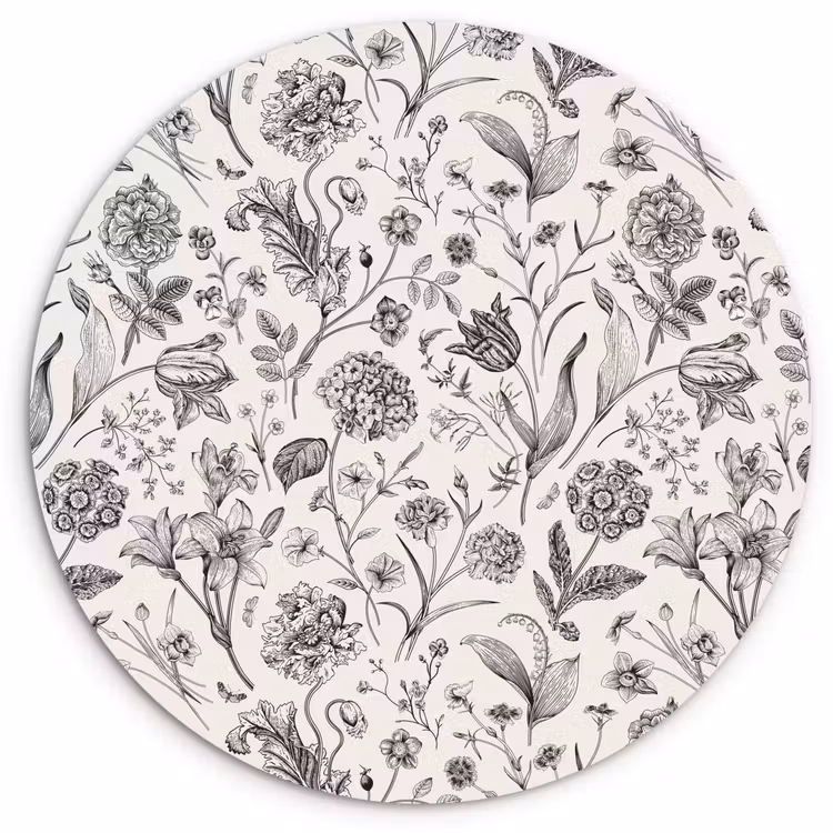 Classic - Black - White - Floral Wandcirkel kunststof plaat 5mm dik klein 188 -3d