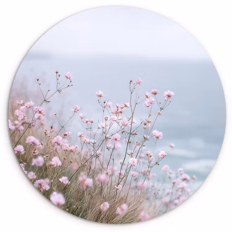 Klif - Bloemen - Zee - Roze Wandcirkel kunststof plaat 5mm dik klein -3d