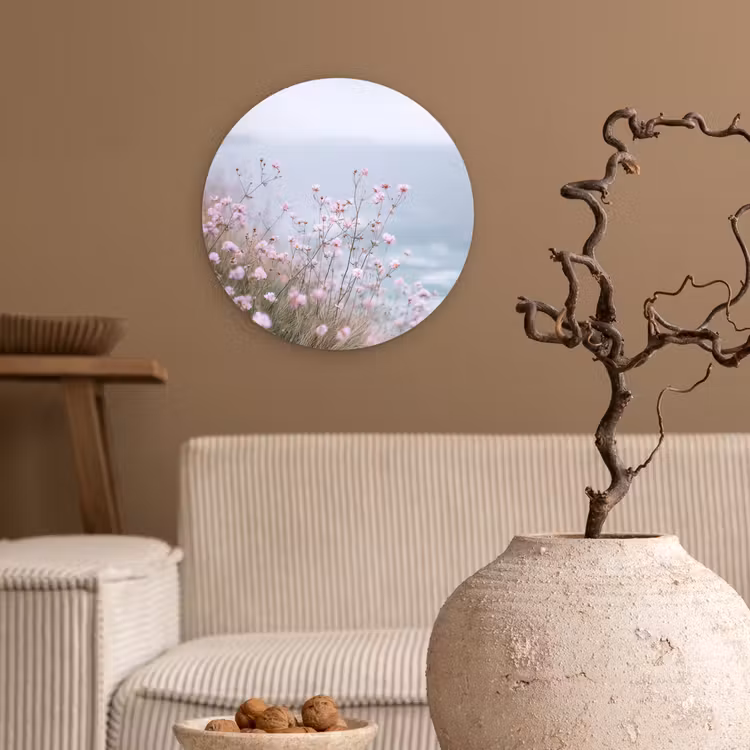Klif - Bloemen - Zee - Roze Wandcirkel kunststof plaat 5mm dik klein -sfeer1