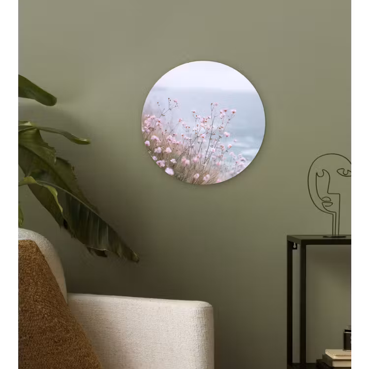 Klif - Bloemen - Zee - Roze Wandcirkel kunststof plaat 5mm dik klein -sfeer3