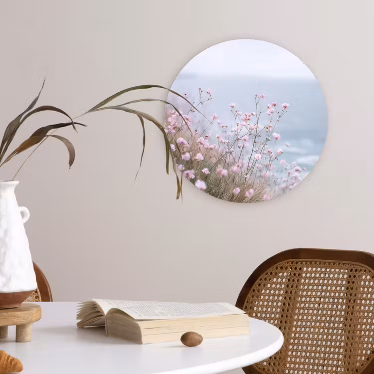 Klif - Bloemen - Zee - Roze Wandcirkel kunststof plaat 5mm dik klein -sfeer4