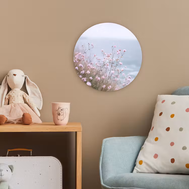 Klif - Bloemen - Zee - Roze Wandcirkel kunststof plaat 5mm dik klein -tsfeer1_kind