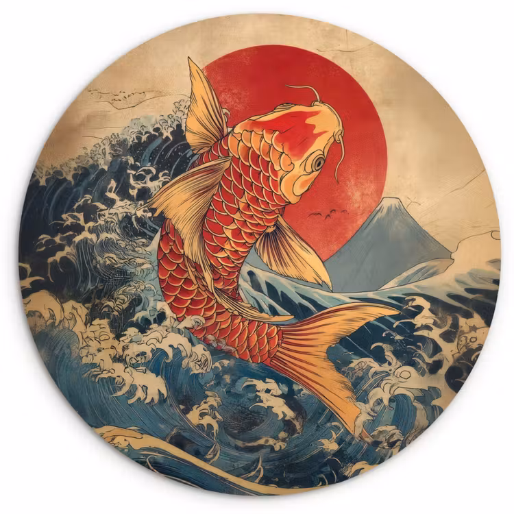 Koi - Zee - Golven - Zon Wandcirkel kunststof plaat 5mm dik klein -3d