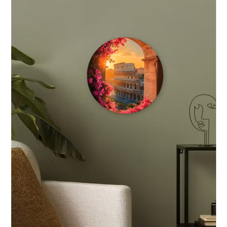 Colosseum - Rome - Roze Bloemen Wandcirkel kunststof plaat 5mm dik klein -sfeer3