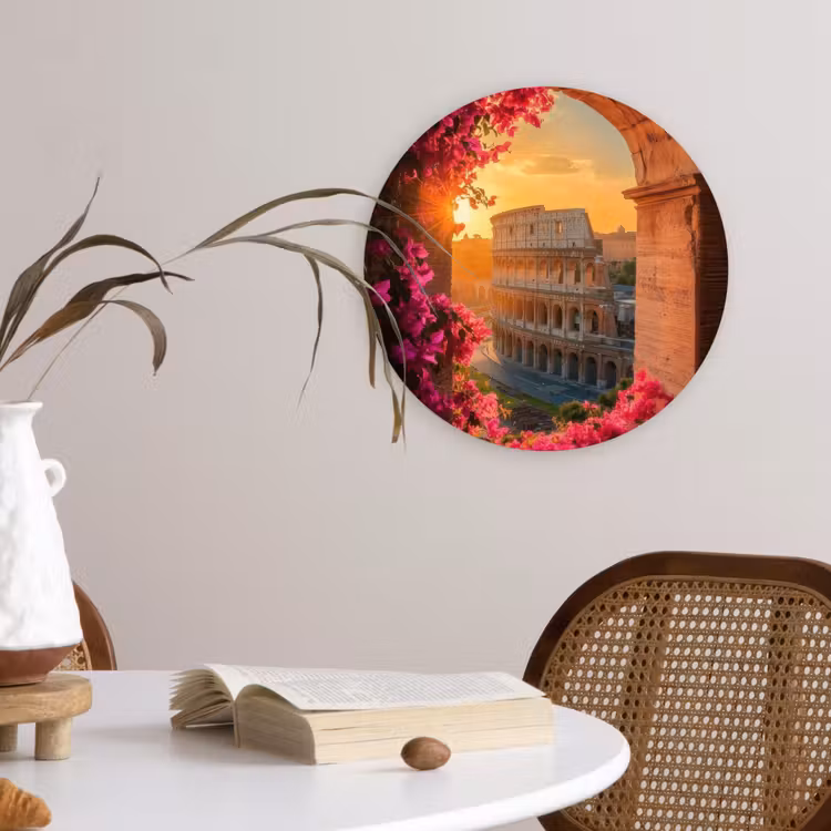 Colosseum - Rome - Roze Bloemen Wandcirkel kunststof plaat 5mm dik klein -sfeer4