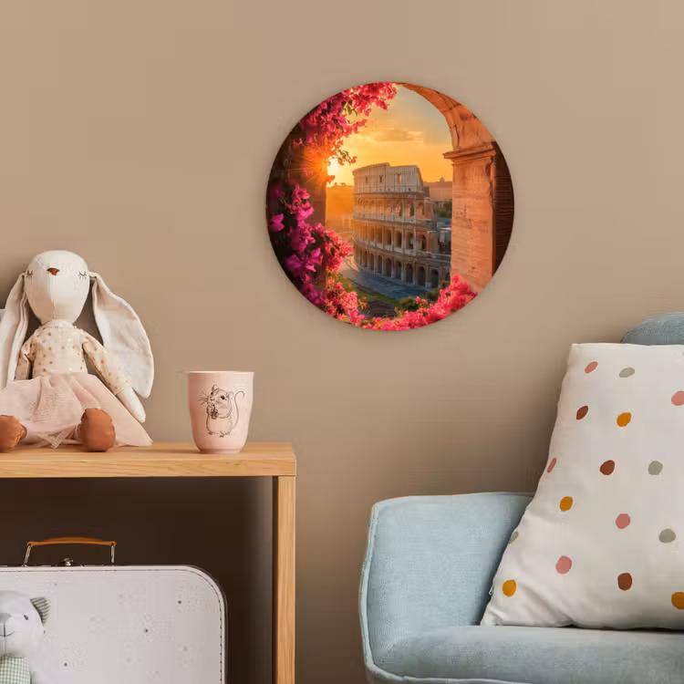 Colosseum - Rome - Roze Bloemen Wandcirkel kunststof plaat 5mm dik klein -tsfeer1_kind