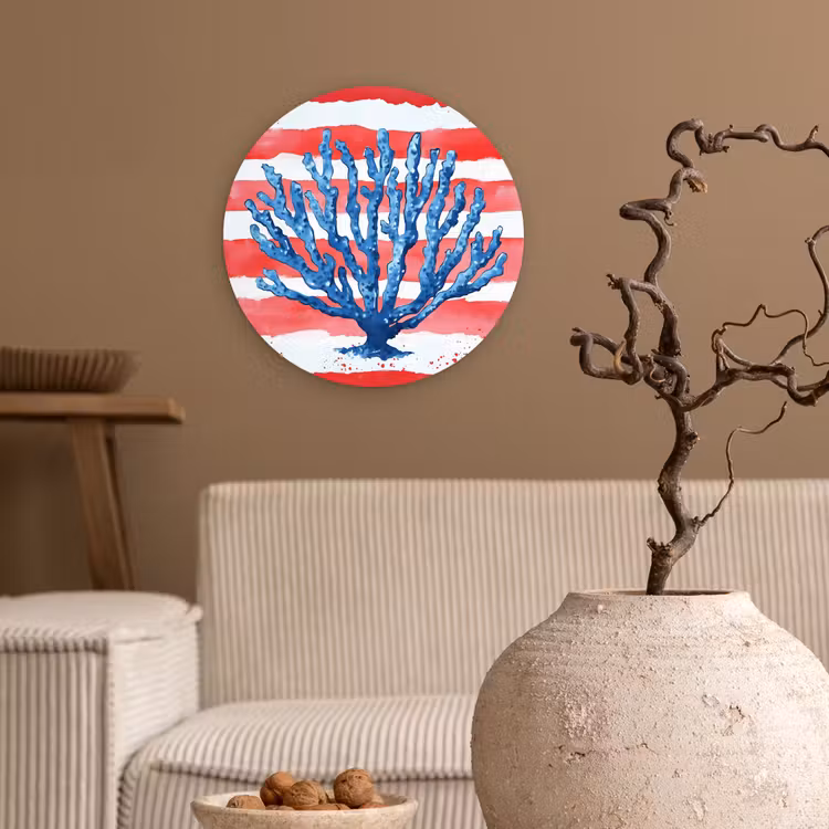 Koraal - Verfstructuur - Rood - Blauw Wandcirkel kunststof plaat 5mm dik klein -sfeer1