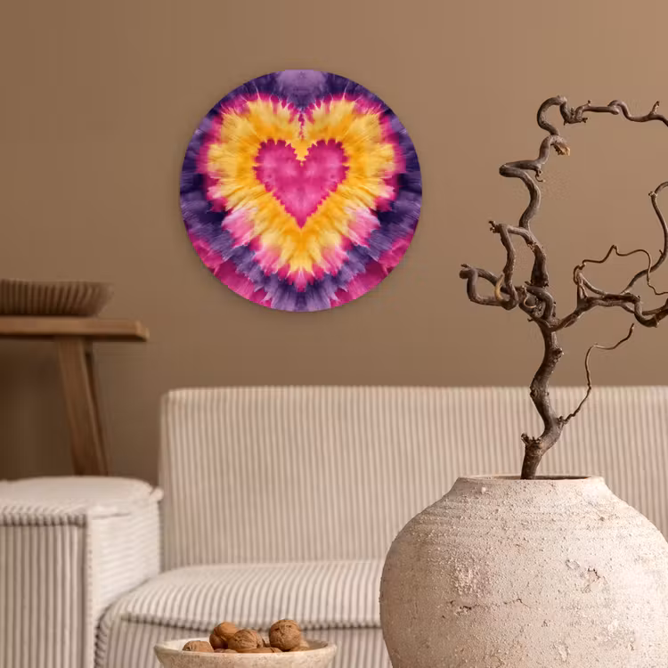 Tie dye - Hartvorm - Vlammen - Oranje Wandcirkel kunststof plaat 5mm dik klein -sfeer1