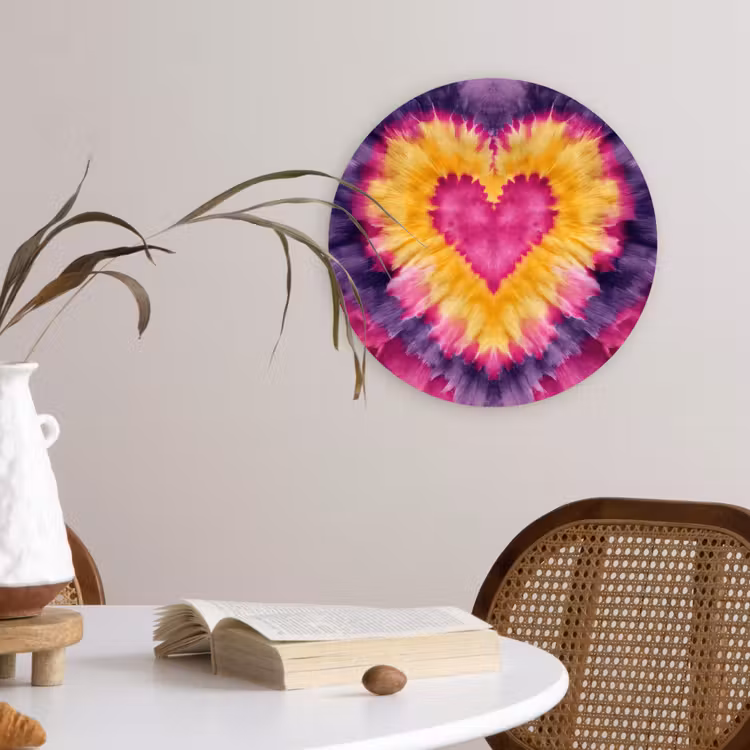 Tie dye - Hartvorm - Vlammen - Oranje Wandcirkel kunststof plaat 5mm dik klein -sfeer4