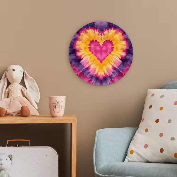 Tie dye - Hartvorm - Vlammen - Oranje Wandcirkel kunststof plaat 5mm dik klein -tsfeer1_kind
