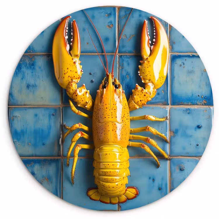 Kreeft - Geel - Blauw - Tegels Wandcirkel kunststof plaat 5mm dik klein -3d