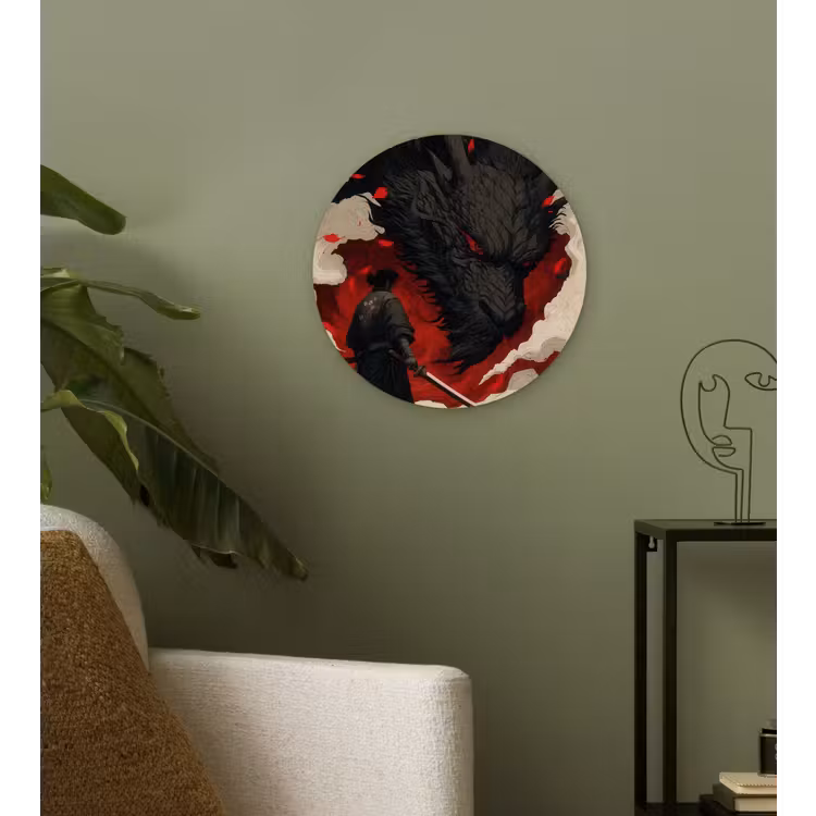 Krijger - Draak - Zwart - Rood - Rook Wandcirkel kunststof plaat 5mm dik klein -sfeer3