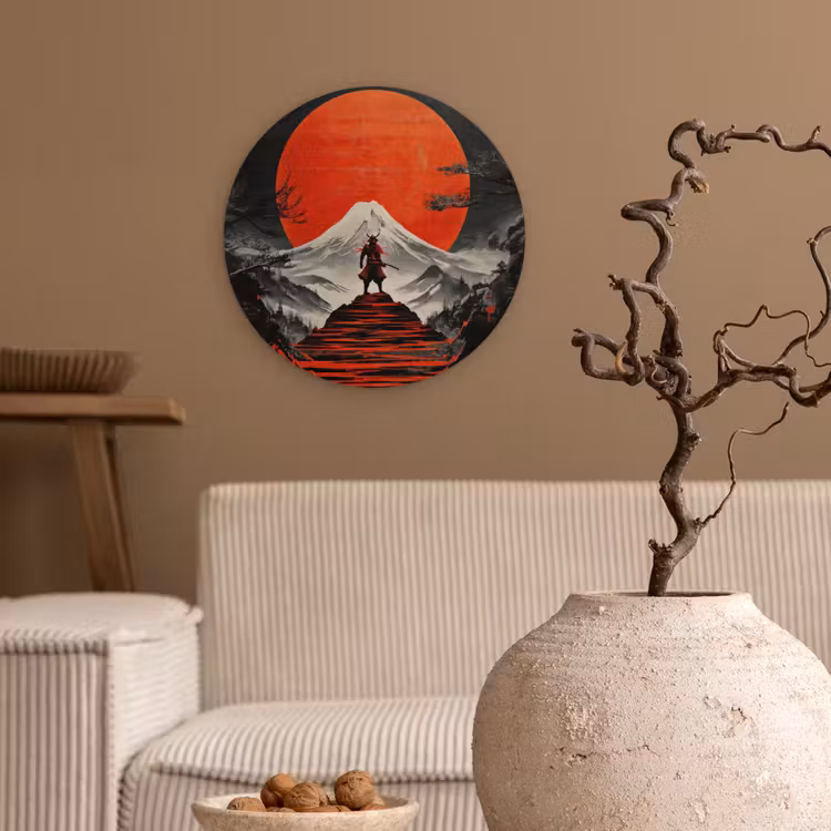 Krijger - Rode trappen - Zon - Berg Wandcirkel kunststof plaat 5mm dik klein -sfeer1