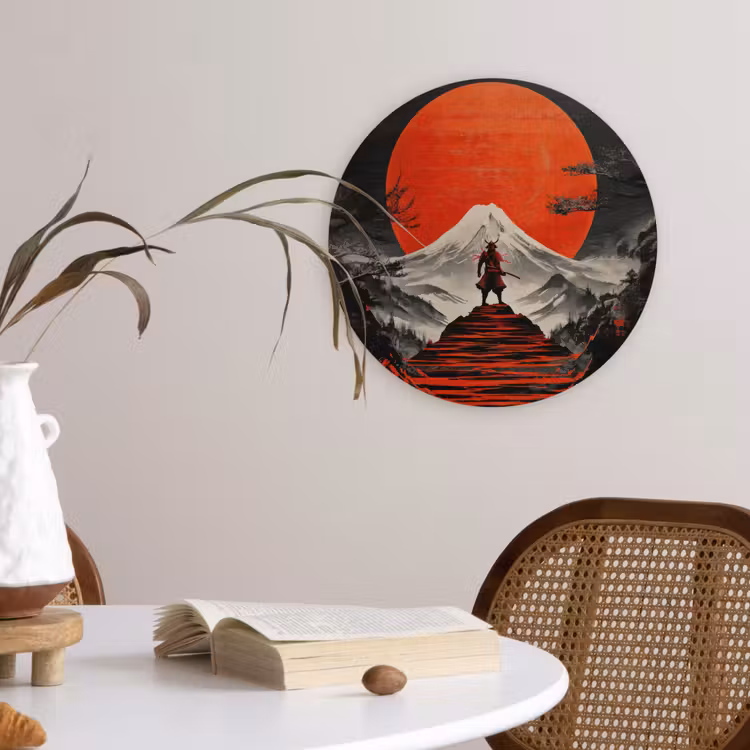 Krijger - Rode trappen - Zon - Berg Wandcirkel kunststof plaat 5mm dik klein -sfeer4
