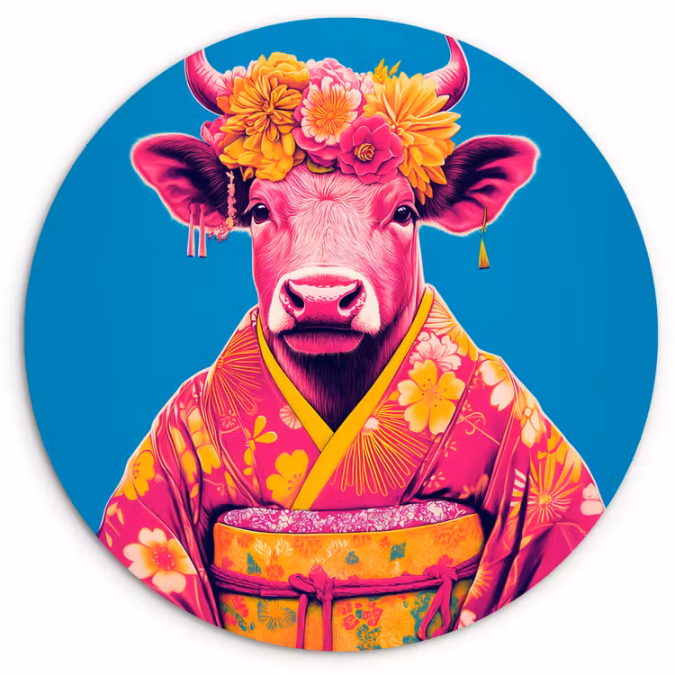 Koe - Bloemenkrans - Oorhangers - Kimono Wandcirkel kunststof plaat 5mm dik klein -3d