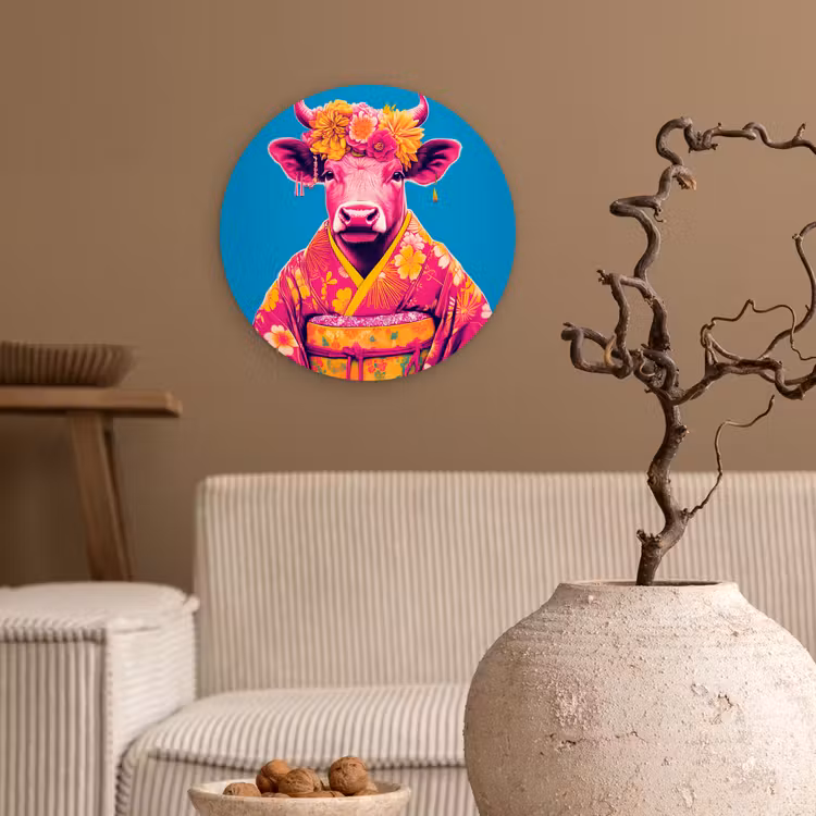 Koe - Bloemenkrans - Oorhangers - Kimono Wandcirkel kunststof plaat 5mm dik klein -sfeer1