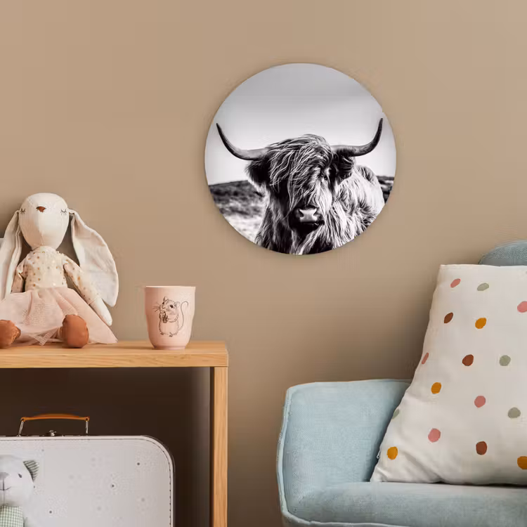 Koe - Schotse hooglander - Zwart - Wit - Dier - Natuur - Wild Wandcirkel kunststof plaat 5mm dik klein -tsfeer1_kind