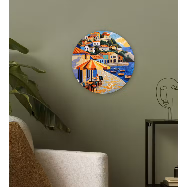 Kustdorp - Huisjes - Mozaïek - Zee Wandcirkel kunststof plaat 5mm dik klein -sfeer3