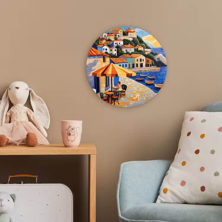 Kustdorp - Huisjes - Mozaïek - Zee Wandcirkel kunststof plaat 5mm dik klein -tsfeer1_kind
