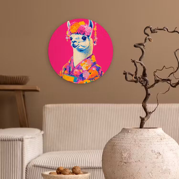 Lama - Kimono - Bloemenkrans - Felroze Wandcirkel kunststof plaat 5mm dik klein -sfeer1