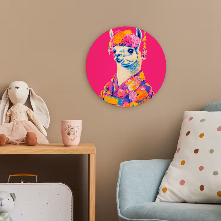 Lama - Kimono - Bloemenkrans - Felroze Wandcirkel kunststof plaat 5mm dik klein -tsfeer1_kind