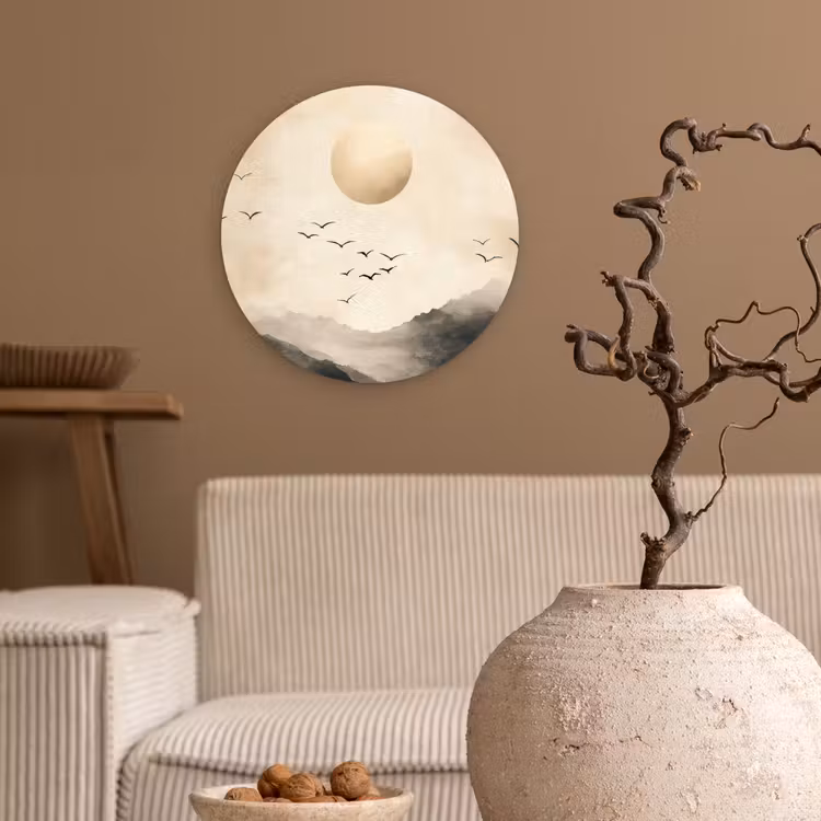 Landschap - Japandi - vogel Wandcirkel kunststof plaat 5mm dik klein -sfeer1