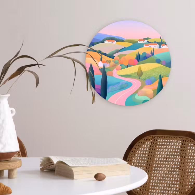 Landschap - Paars - Pastel - Huizen Wandcirkel kunststof plaat 5mm dik klein -sfeer4