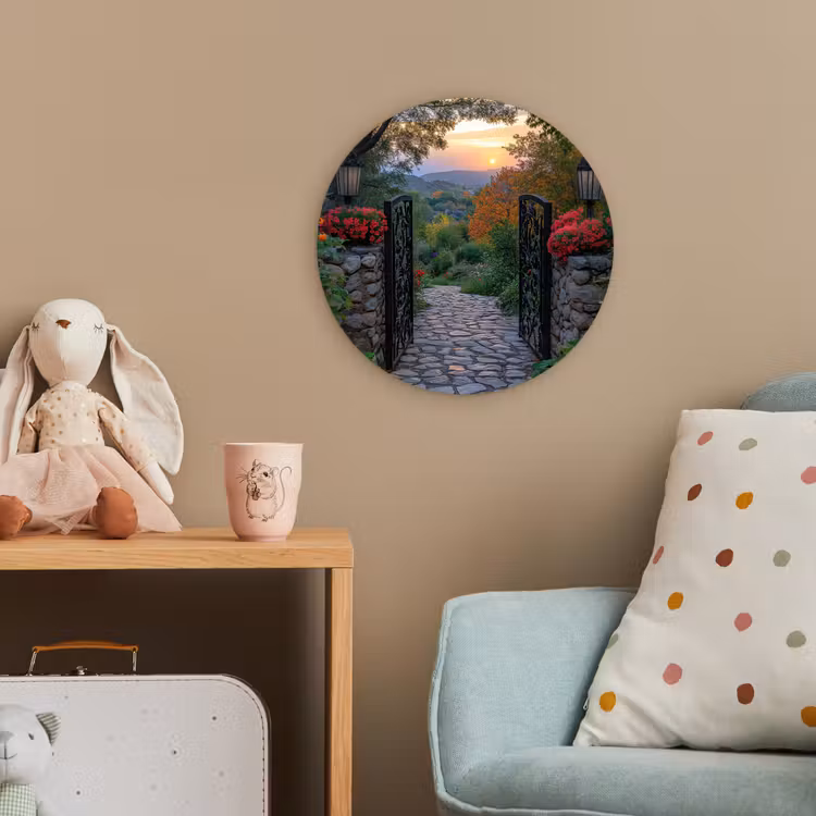 Landschap - Hek - Pad - Zonsondergang - Natuur Wandcirkel kunststof plaat 5mm dik klein -tsfeer1_kind