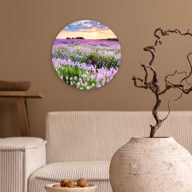 Lavendel - Bloemen - Zonsondergang - Paars - Weide Wandcirkel kunststof plaat 5mm dik klein -sfeer1