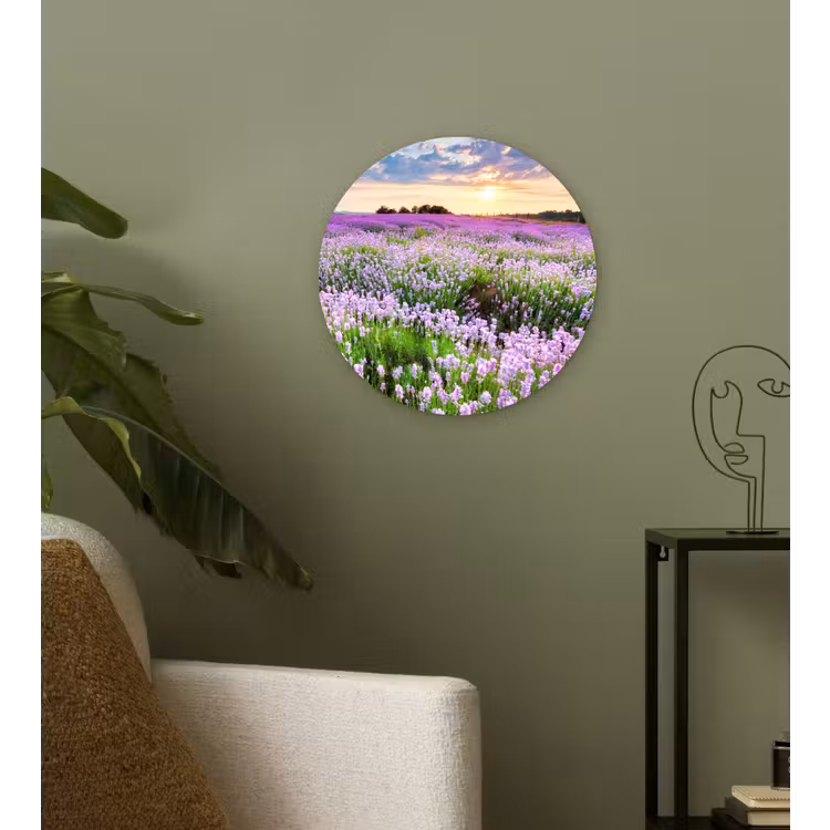 Lavendel - Bloemen - Zonsondergang - Paars - Weide Wandcirkel kunststof plaat 5mm dik klein -sfeer3