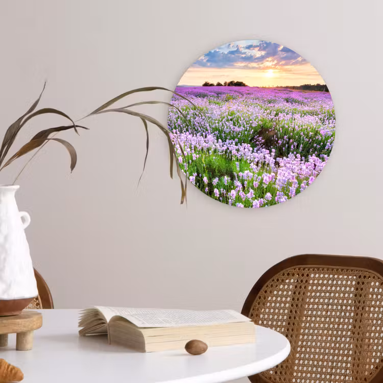 Lavendel - Bloemen - Zonsondergang - Paars - Weide Wandcirkel kunststof plaat 5mm dik klein -sfeer4